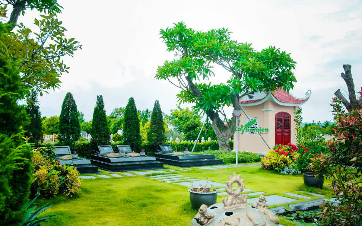 Khuôn viên khu lăng mộ được phủ xanh bằng cây và hoa công trình